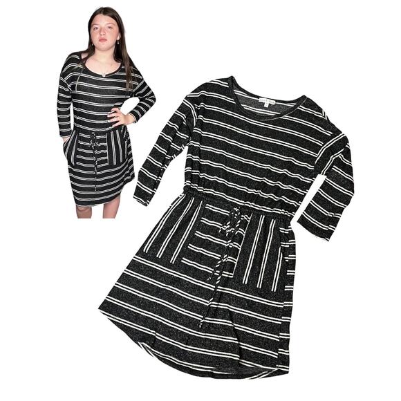 Moa Moa SWEATER DRESS Womens SM Black White Striped Knit Pockets Tie Waist Belt - Picture 1 of 10